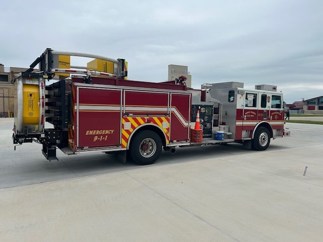 Rear view of Pflugerville Fire Department Blocker 201 with crash attenuator equipment deployed behind the truck.